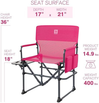EVER ADVANCED Camping Directors' Chair with Side Table, Portable Folding with Compact Size, Breathable & Quick Dry Design Heavy Duty Lawn Chair with Pocket, 400lbs, Textilene Mesh, Pink