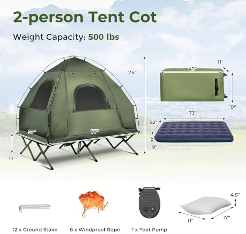 GYMAX Tent Cot, 5-in-1 Folding Camping Cot with Mattress & Pillows, Sleeping Bags, Sunshade, Camping Tent Elevated with Carrying Bag for Outdoor Hiking, Fishing, Picnic (2-Person)