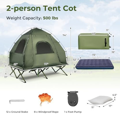 GYMAX Tent Cot, 5-in-1 Folding Camping Cot with Mattress & Pillows, Sleeping Bags, Sunshade, Camping Tent Elevated with Carrying Bag for Outdoor Hiking, Fishing, Picnic (2-Person)