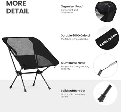 CAMEL CROWN Portable Camping Chair Lightweight Compact Folding Chair Mesh for Outdoor Camp Travel Beach Picnic Festival Hiking Backpacking Black 2 Pack