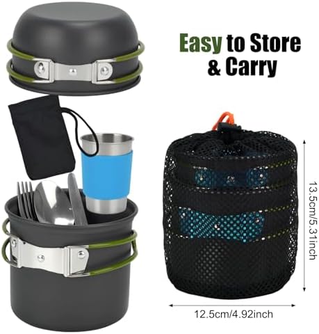 Camping Backpacking Cooking Set, 8pcs Camping Mess Kit Cookware Pot and 170ML Stainless Steel Cup & Fork Spoon Backpacking Cookware Set for Camping Hiking Picnic Outdoor Cooking