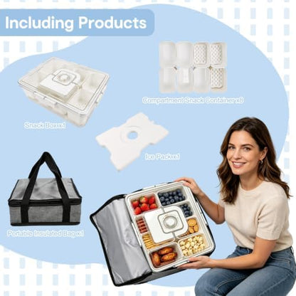 Chilled Snack Box with Reusable Ice Pack, Bonus Insulated Bag, 8 Compartment Food Storage Container for Fruits, Snacks & Charcuterie – Perfect for Outdoor, Camping & Road Trips
