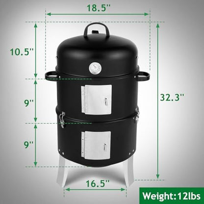 32" Portable Steel Barrel Charcoal Grill,Metal Outdoor Barbecue Smoker,Heavy Duty Outdoor BBQ Grill,Vertical Camping Barbecue Grill,with Thermometer,for Garden Patio Beach Backyard (Black)