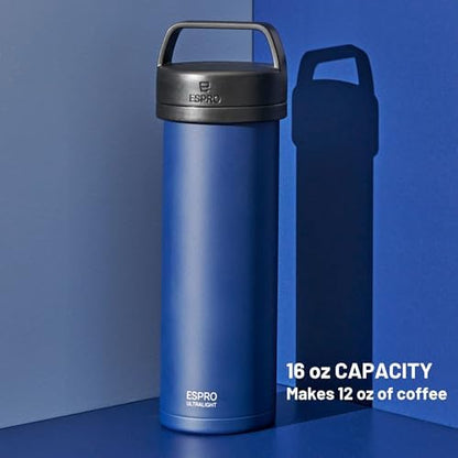 ESPRO Go P0 Ultralight French Press Coffee Maker for Travel, Vacuum Insulated Stainless Steel, 16 Ounces, Aegean Blue