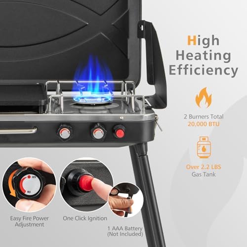 2-Burner Gas Camping Stove, Portable BBQ Grill with Detachable Legs, Roast Grill & 3-Sided Wind Screen, 22,000 Total BTUs of Power, Outdoor Propane Burner Grill Stove for Picnic (Black)