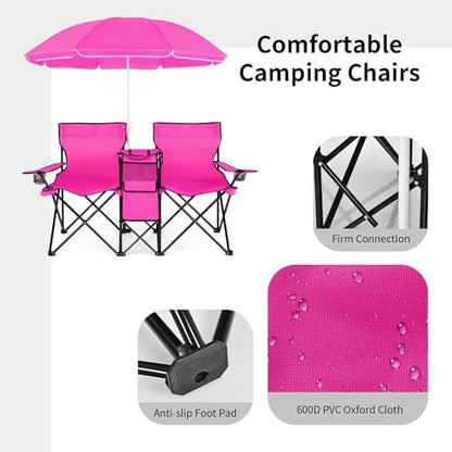 Goplus Double Camping Chairs with Umbrella, Cooler for Beach Patio