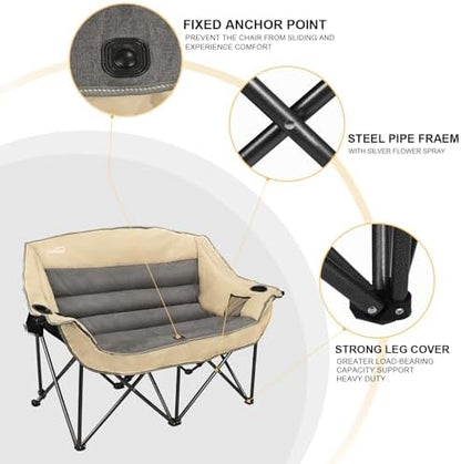 Double Folding Camping Chair Fully Padded Loveseat Camping Couch Oversized 2 Person Lawn Chair Sofa w/Cup Holder,Wine Glass Holder,Mesh Storage for Patio Picnic Beach,Support 600lbs,Beige