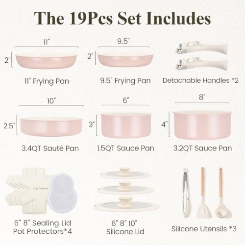 Chef Power Ceramic Nonstick Pots and Pans Set 19 Piece with Detachable Handle, Induction Dishwasher Oven Safe Cookware Set, RV Kitchen Set Removable Handle (Light Pink)