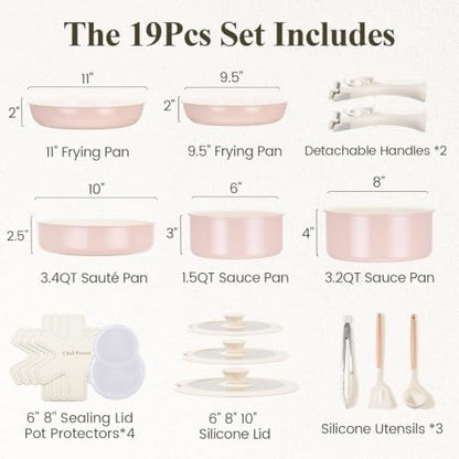Chef Power Ceramic Nonstick Pots and Pans Set 19 Piece with Detachable Handle, Induction Dishwasher Oven Safe Cookware Set, RV Kitchen Set Removable Handle (Light Pink)