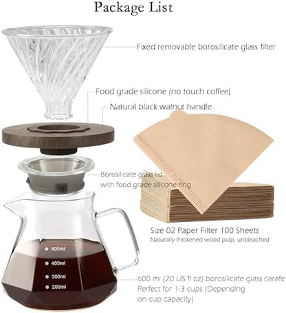 Lalord Pour Over Coffee Maker, 20 oz Borosilicate Glass Carafe with 100 pcs V60 Paper Filter, Walnut Handle & Glass Lid, Drip Coffee Maker for Home Café Restaurant Camping, 600 ml, Clear