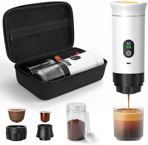 Portable Coffee Maker for Travel & Camping, Portable Espresso Maker with Bag, Rechargeable Cordless Battery Operated Coffee Makers for Ground Coffee, NS Capsule RV, Hiking, Office(White)