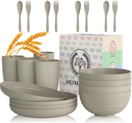 Homienly Wheat Straw Dinnerware Sets 20 PCS Unbreakable Plates and Bowls Sets Microwave Safe Camping Dish Set Kids Dinnerware Set, Kitchen, Apartment, Party, RV, Picnic, Dorm-Grey