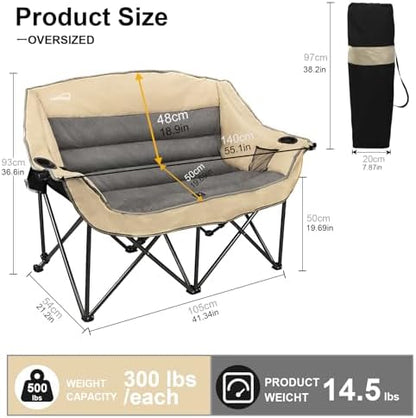 Double Folding Camping Chair Fully Padded Loveseat Camping Couch Oversized 2 Person Lawn Chair Sofa w/Cup Holder,Wine Glass Holder,Mesh Storage for Patio Picnic Beach,Support 600lbs,Beige