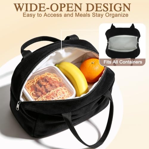 FlowFly Lunch Bag for Women Insulated Lunch Box Corduroy Lunch Tote Cooler for Travel Work Picnic,Corduroy Black