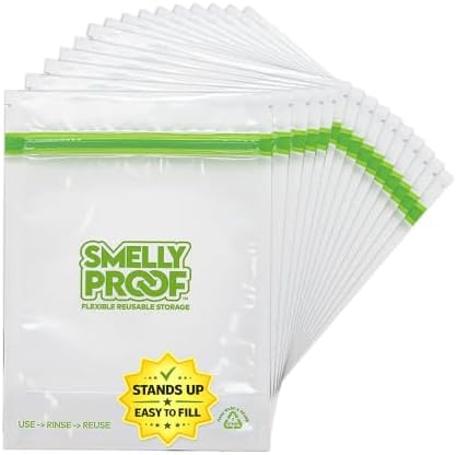 Smelly Proof 15 x Expandable Stand & Fill REUSABLE Storage Bags for Food Designed & Mfg in US, BPA FREE, NO PEVA, Reusable Sandwich Bags, Dishwasher-Safe, Clear 3 mils STAND UP 6.5" x 7.5" - 15pk