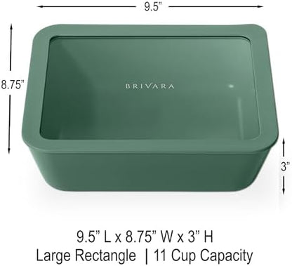 Glass Food Storage Container with Lid, 11-Cup Large Rectangle | Microwave-Safe Airtight Lid, Oven-Safe Ceramic-Coated Glass | Zero Plastic, No PFAS/PFOA/BPA, Reusable [Pine]