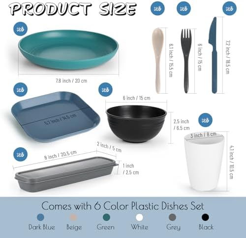 66 Pcs Wheat Straw Dinnerware Sets, Unbreakable Dinnerware Set, Reusable Wheat Straw Plates and Bowls Set for 6, Camping Mess Kit for Travel,Camping Essentials,Picnic,Home,Party