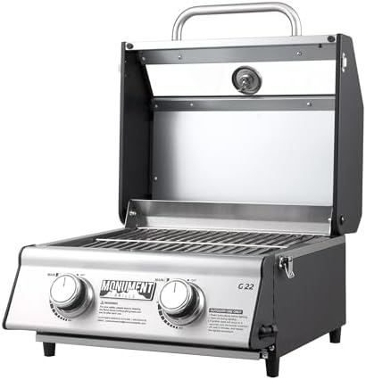 Portable Propane Gas Grill 2-Burner Tabletop Clearview® Monument Grills for Outdoor Camping Cooking, Two 15,000 BTU Burners, Stainless Steel, and Built-in Thermometer
