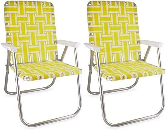 Lawn Chair USA - Outdoor Chairs for Camping. Made with Lightweight Aluminum Frames and UV-Resistant Webbing. Folds for Easy Storage 2- Pack (Yellow and White Stripes with White Arms, Classic)