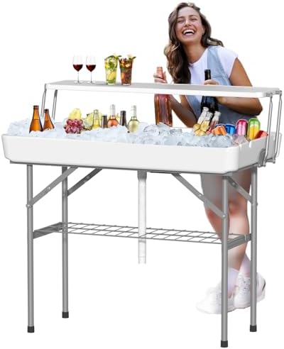 Ice Cooler Table with Drain, Two-Tier Plastic Folding Tables, with Removable Matching Skirt and Shelf, Indoor Outdoor Use for Party Camping Picnic Fishing Cleaning, 440 lbs Capacity