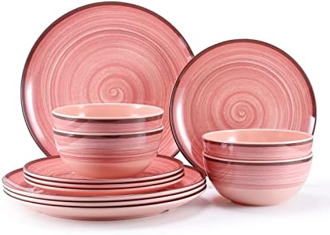 12Pcs Melamine Dinnerware Set, Plates And Bowls Sets for 4, Pink Color Dinnerware Sets, Melamine Plates Bowls Indoor and Outdoor Use Dish Set Dishwasher Safe BPA Free(Pink)