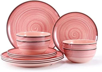 12Pcs Melamine Dinnerware Set, Plates And Bowls Sets for 4, Pink Color Dinnerware Sets, Melamine Plates Bowls Indoor and Outdoor Use Dish Set Dishwasher Safe BPA Free(Pink)