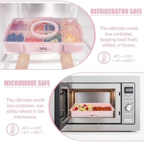 Snackle Box Container - 10 Compartments Including 2 XL, Dishwasher & Microwave Safe, Divided Serving Tray with Lid and Handle, BPA-Free, snack box (1 PCS, Pink, 1 Box with 2 XL Compartments)
