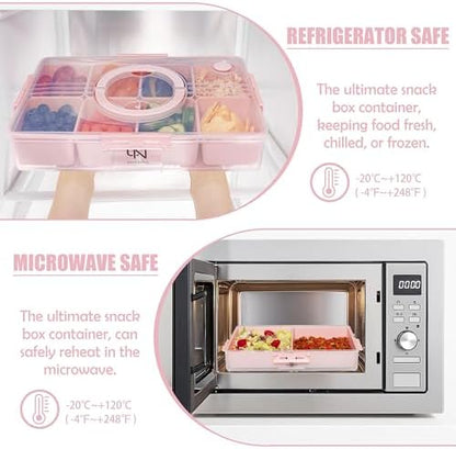 Snackle Box Container - 10 Compartments Including 2 XL, Dishwasher & Microwave Safe, Divided Serving Tray with Lid and Handle, BPA-Free, snack box (1 PCS, Pink, 1 Box with 2 XL Compartments)