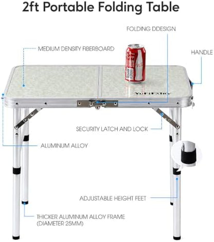 Folding Camp Table Small, 24"Lx 16"W Adjustable Height Small Folding Table