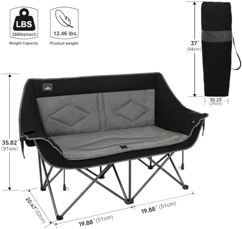 Northroad Heated Folding Loveseat Camping Chair Portable Double Duo Full Padded Garden Chair for 2 Person w/ 2 Cup Holder,Wine Glass Holder,Mesh Storage (Battery NOT Included)
