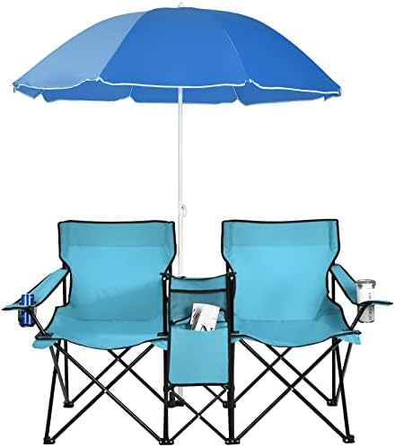 Goplus Double Camping Chairs with Umbrella, Cooler for Beach Patio