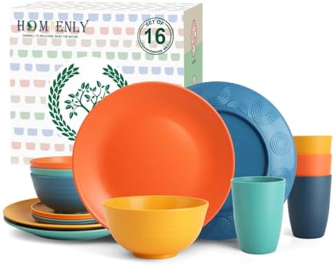 Homienly Dish Set Wheat Straw Dinnerware Sets Unbreakable Reusable Dinnerware Set 16 PCS Cups Plates and Bowls Sets, Microwave and Dishwasher Safe Dishes for Camping, Outdoor - Colorful