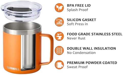 SUNWILL Insulated Coffee Mug with Lid, Travel Tumbler with Handle, 14 oz Stainless Steel Cup for Camping, Office, Home, Powder Coated Orange