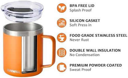 SUNWILL Insulated Coffee Mug with Lid, Travel Tumbler with Handle, 14 oz Stainless Steel Cup for Camping, Office, Home, Powder Coated Orange