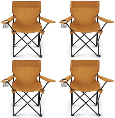 4 Pack Folding Camping Chairs for Outdoor, Foldable Portable Lawn Chairs with Carry Bag & Cup Holder, Compact Design for Camp, Beach, Picnics, and Fishing Supports 300LBS（Orange）