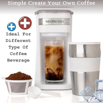 Mixpresso Single Serve & Single Cup Coffee Maker with 14oz Travel Mug White