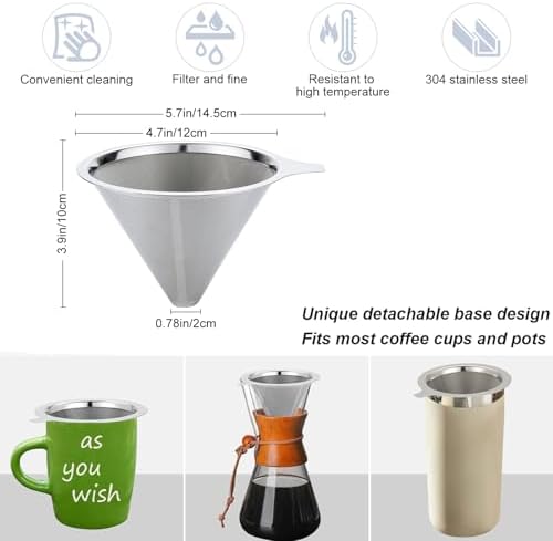 Pour Over Coffee Maker,Coffee Filter,Slow Drip Paperless Stainless Steel Cone Coffee Dripper(2-3 Cup)