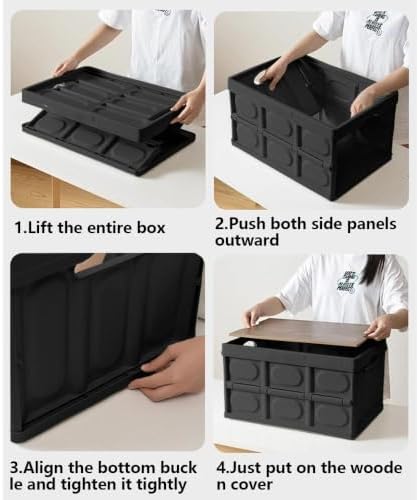 2 PSC Collapsible Storage Box with Lid, 13 Gallon Foldable Storage Bin with Wood Grain Top, Portable Organizer Tote with Handles for Car Trunk, Camping, RV, Grocery Shopping, Home Storage, Black