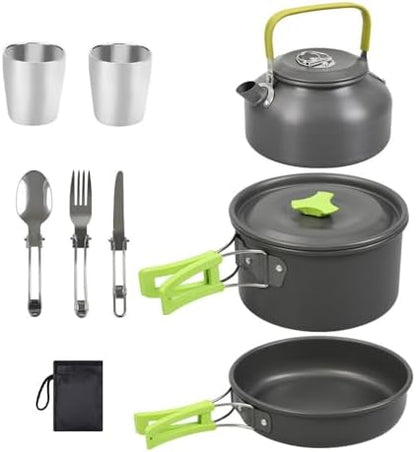 Camping Cookware Set(Green), Portable Backpacking Gear with Kettle, Pot, Pan, Cups & Foldable Cutlery, Lightweight Outdoor Cooking Kit for 2-3 People, Ideal for Hiking, Picnic & Camping