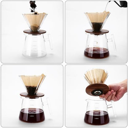 Lalord Pour Over Coffee Maker, 20 oz Borosilicate Glass Set with 100 pcs Paper Filter, Walnut Collar & Glass Lid, Drip Coffee Maker, 1-3 Cups, Clear, 600 ml, Petal Shape