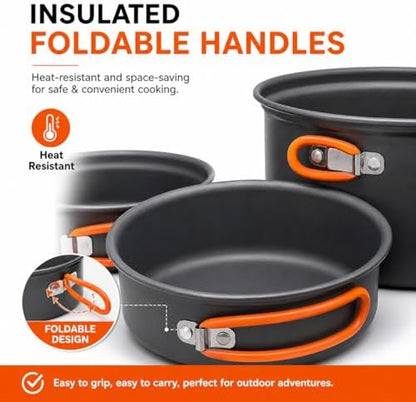 Camping Cookware Set, 15-Piece Camping Pots and Pans Set with Kettle, Frying Pan, Bowls & Plates, Lightweight Backpacking Mess Kit for Camping, Hiking, Picnic, RV Travel