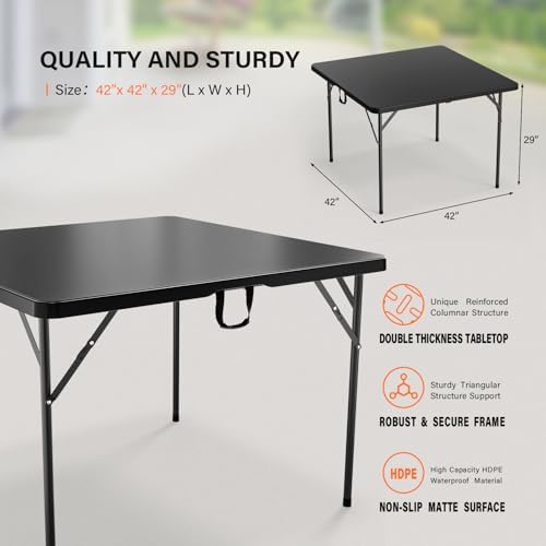 VINGLI 42" Fold in Half Square Table, Bi-Folding Commercial Portable Plastic Dining Table for Kitchen Outdoor Party Wedding Event, Black