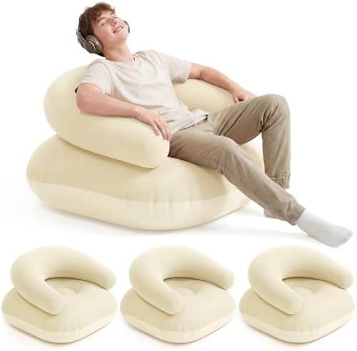 Novabright 4 Pcs Inflatable Chairs for Adults Blow Up Games Chairs Folding Portable Flocking Inflatable Sofa for Living Room Learning Camping Party (Beige)