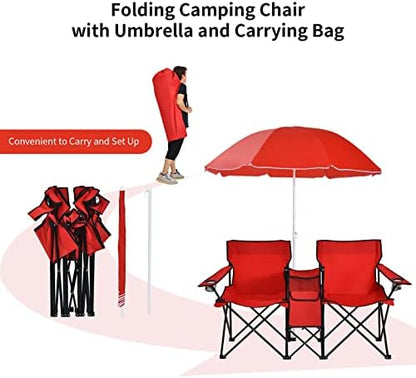Goplus Double Camping Chairs with Umbrella, Cooler for Beach Patio