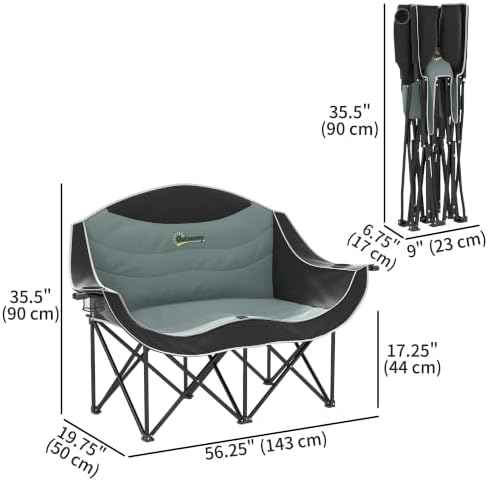 Outsunny Double Camping Chair for Adults, Padded Folding Camp Chair for 2 Person with Armrest, Wine Glass Holder, Cup Holder, Carry Bag for Outdoor Sports, Picnics, Supports up to 552 lbs.