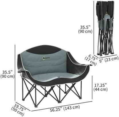 Outsunny Double Camping Chair for Adults, Padded Folding Camp Chair for 2 Person with Armrest, Wine Glass Holder, Cup Holder, Carry Bag for Outdoor Sports, Picnics, Supports up to 552 lbs.