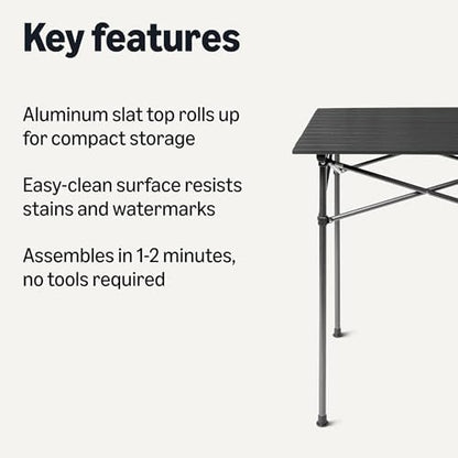 Amazon Basics Portable Camping Table, Outdoor Folding Table with Aluminum Roll-Up Top, Steel Frame, 27.6 x 27.6 x 27.6 Inches, Black