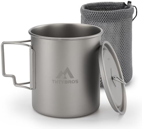 THTYBROS Titanium Cup Ultralight Camping Mug with Foldable Handle & Lid, Pure Titanium Cookware for Outdoor Hiking, Backpacking, Picnic, and Campfire