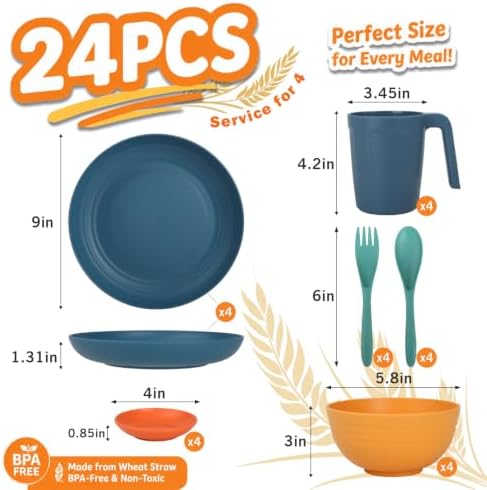 Wrova Wheat Straw Dinnerware Sets 24-Piece, Kitchen Plates and Bowls Sets