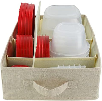 Food Storage Container Organizer Box – A Kitchen Drawer Organizer Compatible with Rubbermaid, Glad Containers and Lids – Adjustable Foldable Cloth Box